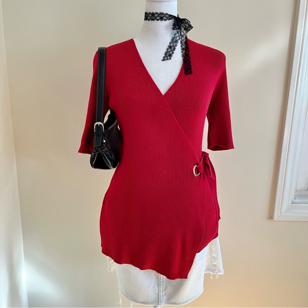 Y2K Style Red Ribbed Knit Wrap Grommet Tie Sweater Top V-Hem Asymmetrical Blouse